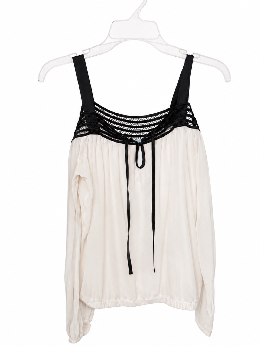 GUESS by Marciano Silk Off-Shoulder Blouse XS White Black Lace Y2K - Picture 5 of 6
